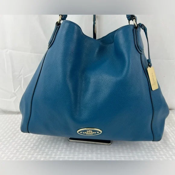 4011: Coach Edie Blue Pebbled Leather Shoulder Hobo Bag Retail w/ Entrupy Cert - Picture 2 of 10